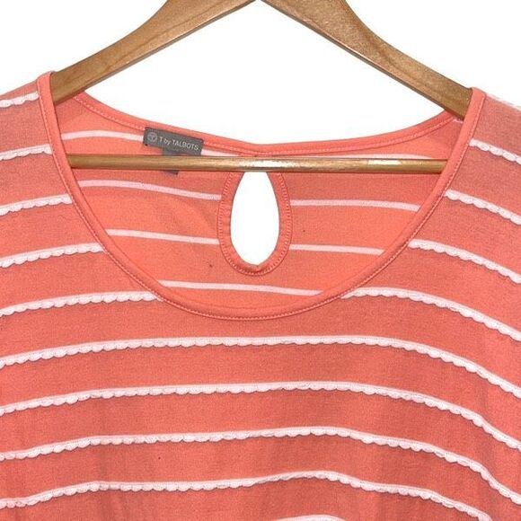 Talbots T by Talbots Scalloped Striped Long Sleeve Top Coral White Size Large - Picture 2 of 7